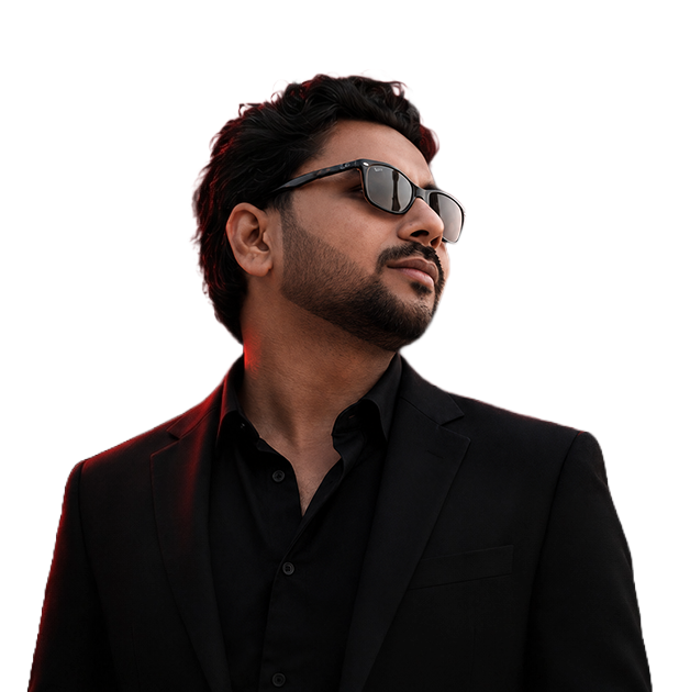 Afsar Mansuri, wearing a black suit and black shirt